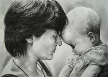 Kohleportrait von Inga Mihailovic, Mutter und Kind, 2010, 70x50